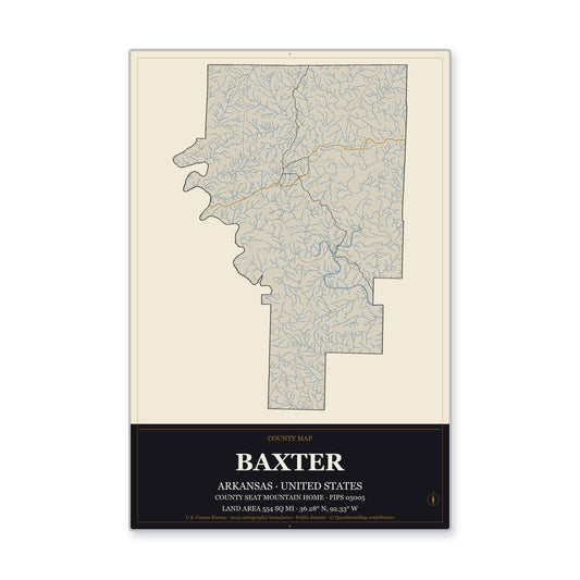 Baxter County, Arkansas Map Aluminum Sign in Museum Plaque style