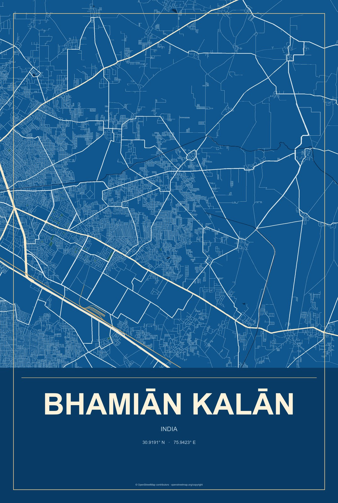 Bhamiān Kalān, India City Map Aluminum Sign in Harbor Cobalt style