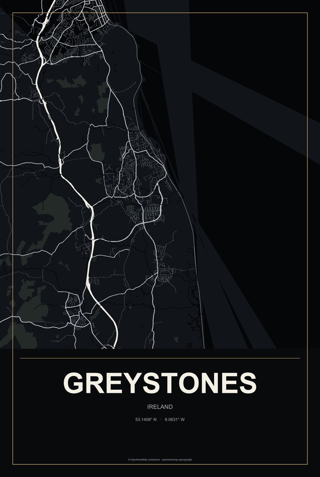 Greystones, Ireland City Map Aluminum Sign in Metropolitan Noir style