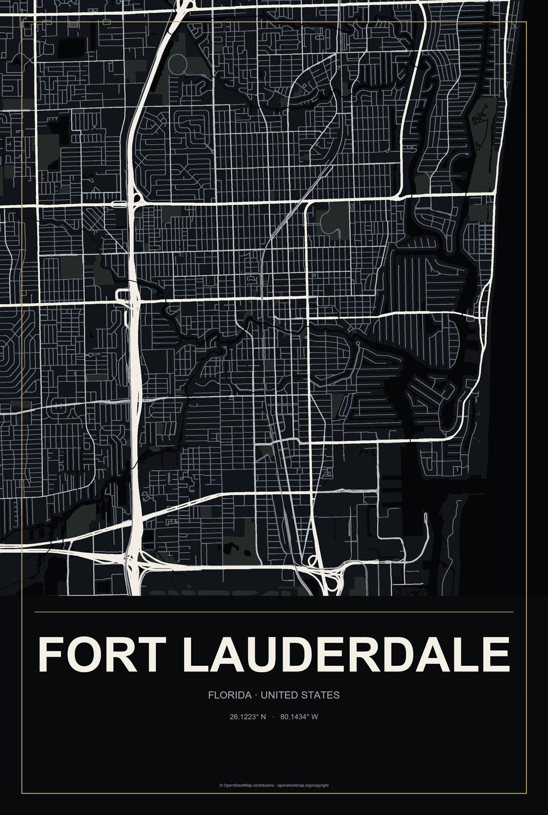Fort Lauderdale, Florida City Map Aluminum Sign in Metropolitan Noir style