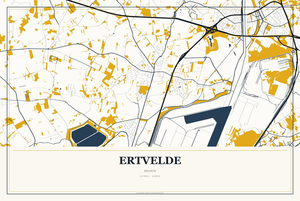 Ertvelde, Belgium City Map Aluminum Sign in Citrine Modern style