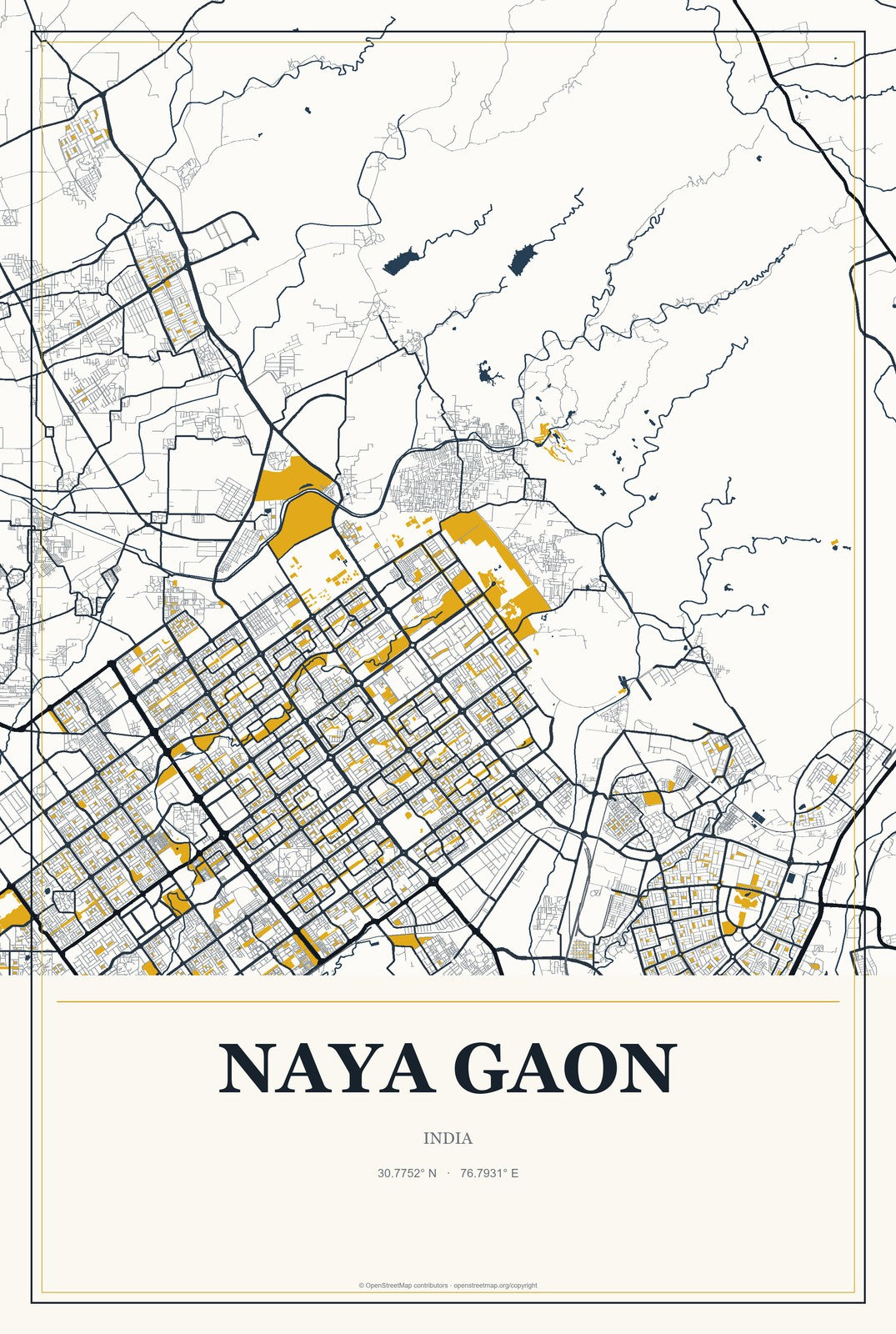 Naya Gaon, India City Map Aluminum Sign in Citrine Modern style