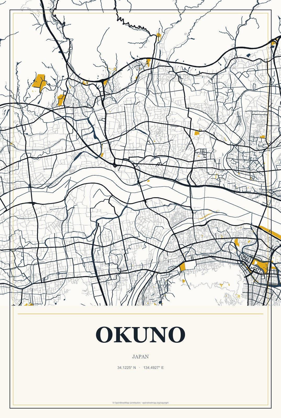 Okuno, Japan City Map Aluminum Sign in Citrine Modern style
