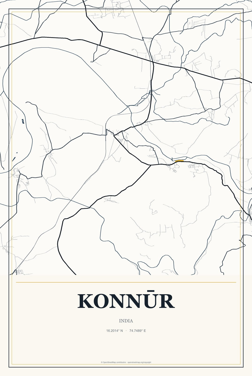 Konnūr, India City Map Aluminum Sign in Citrine Modern style