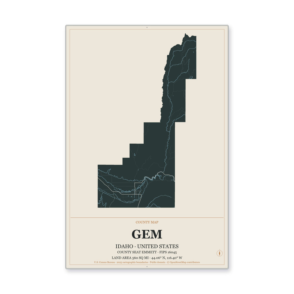 Gem County, Idaho Map Aluminum Sign in Headline Atlas style