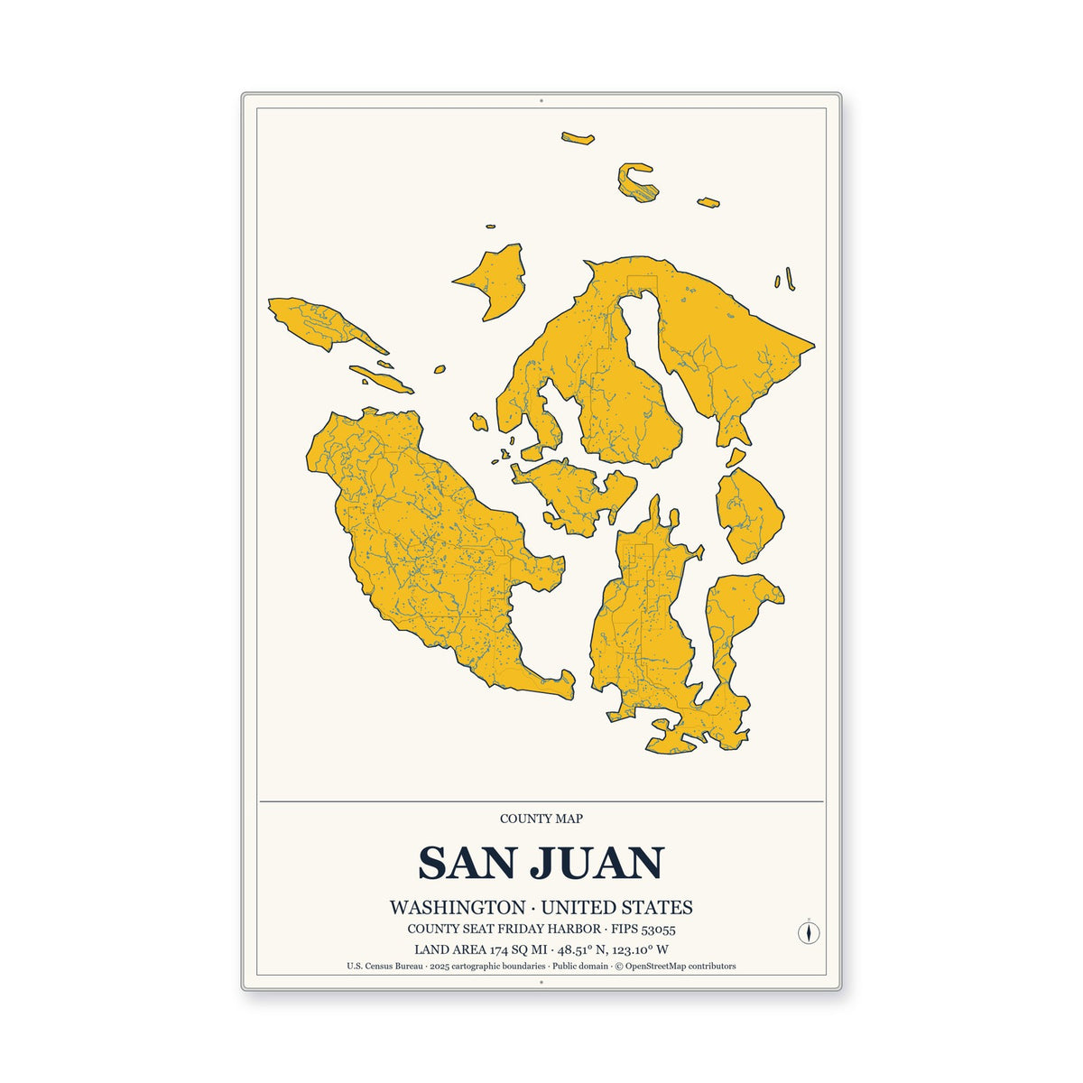 San Juan County, Washington Map Aluminum Sign in Citrine Modern style