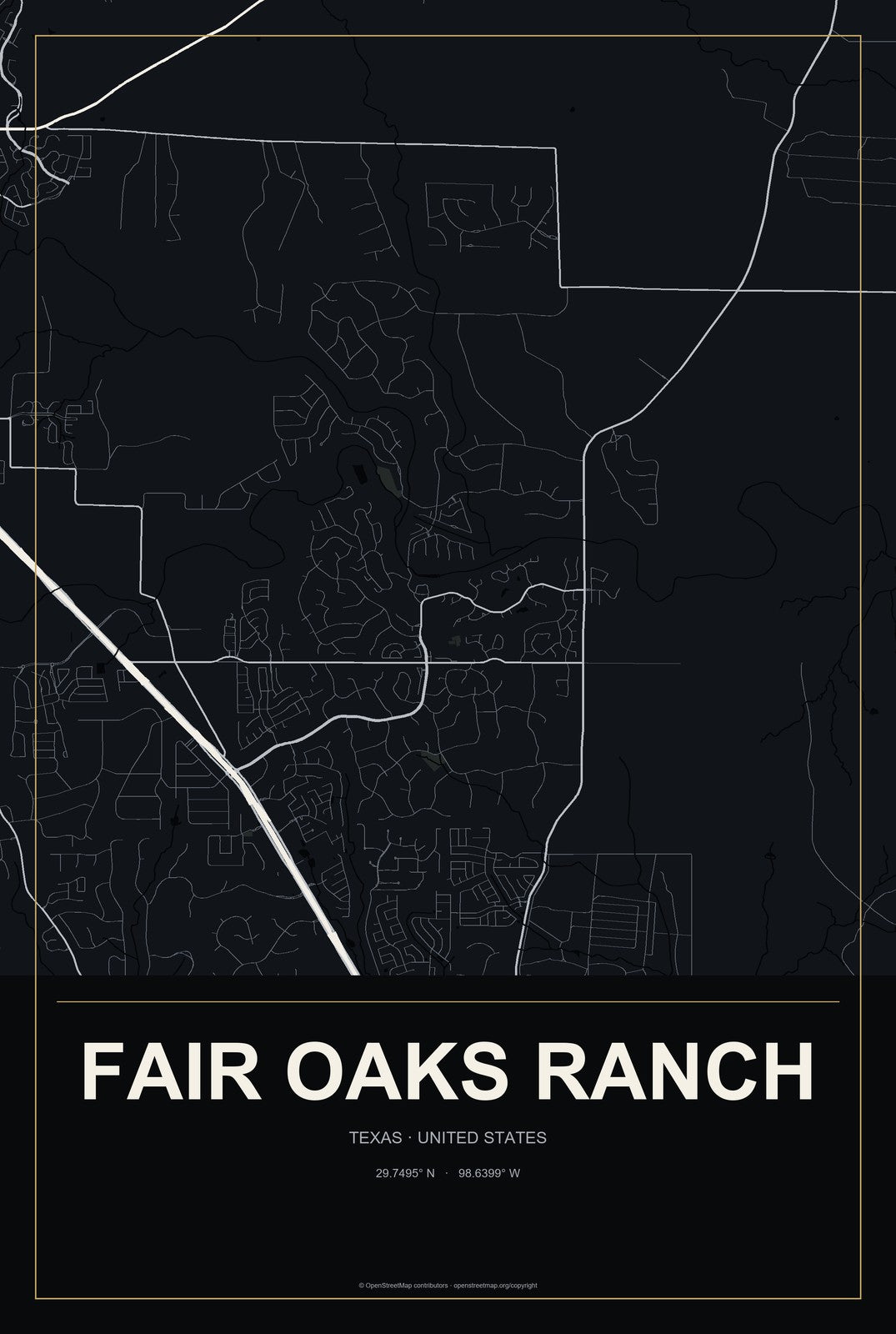 Fair Oaks Ranch, Texas City Map Aluminum Sign in Metropolitan Noir style