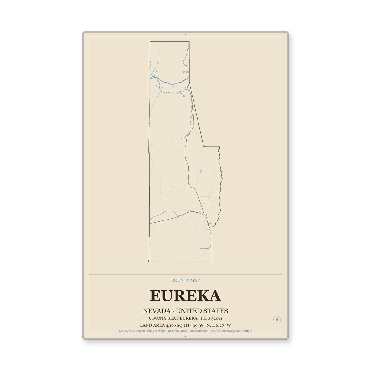 Eureka County, Nevada Map Aluminum Sign in Heritage Nautical style