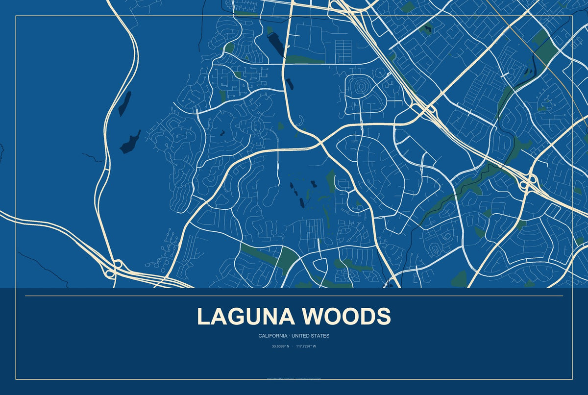 Laguna Woods, California City Map Aluminum Sign in Harbor Cobalt style