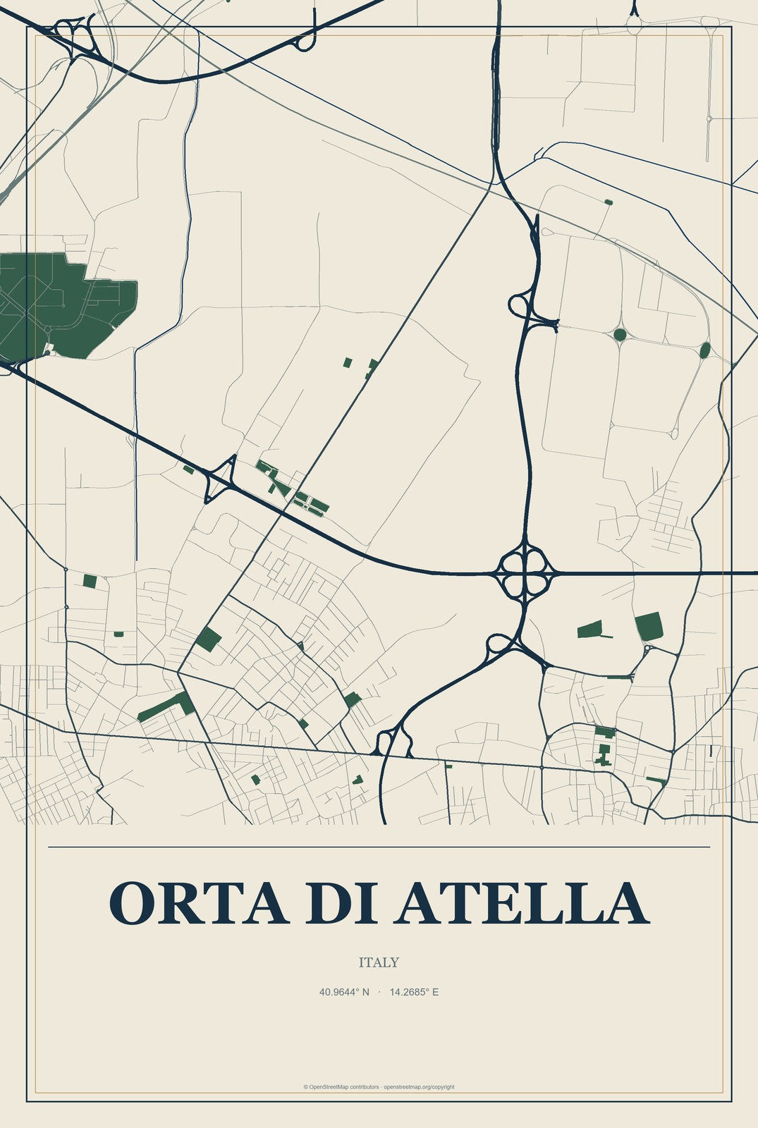 Orta di Atella, Italy City Map Aluminum Sign in Coastal Cutout style