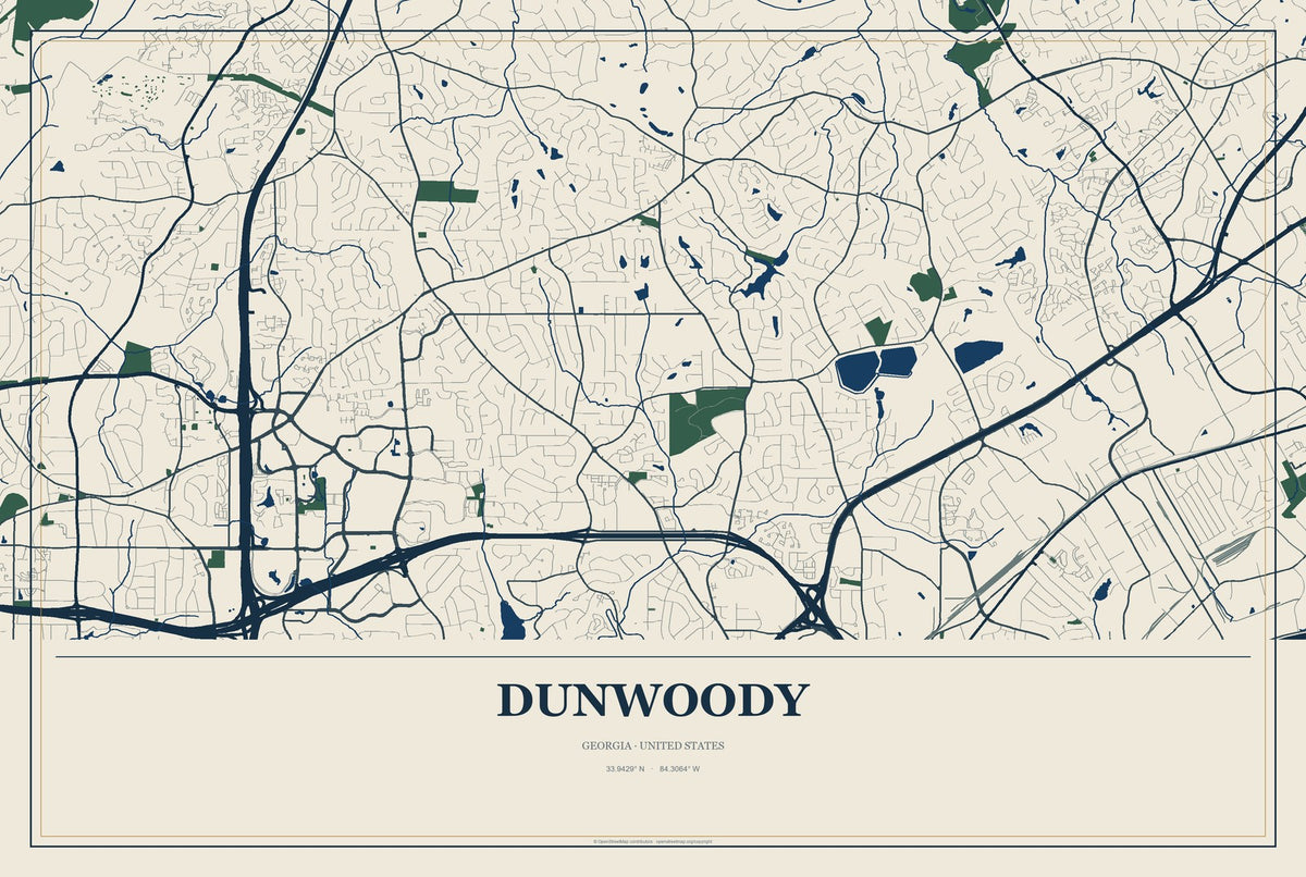 Dunwoody, Georgia City Map Aluminum Sign in Coastal Cutout style