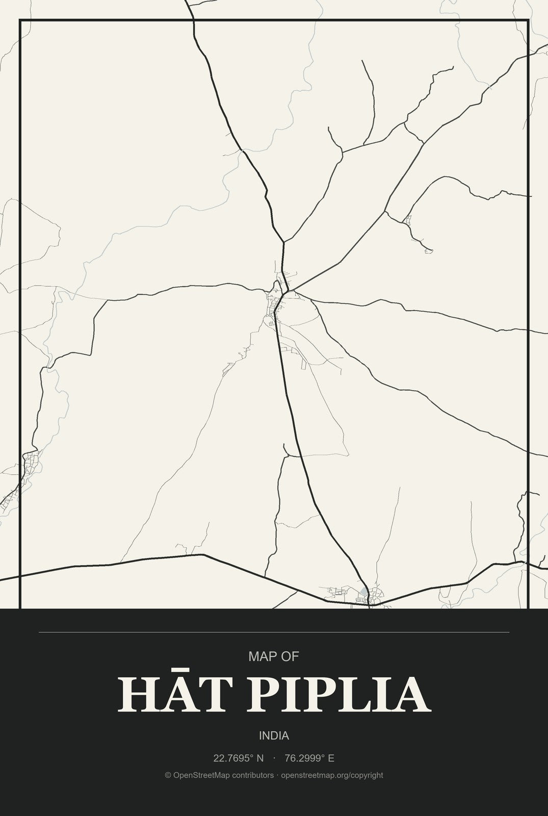 Hāt Piplia, India City Map Aluminum Sign in Museum Plaque style
