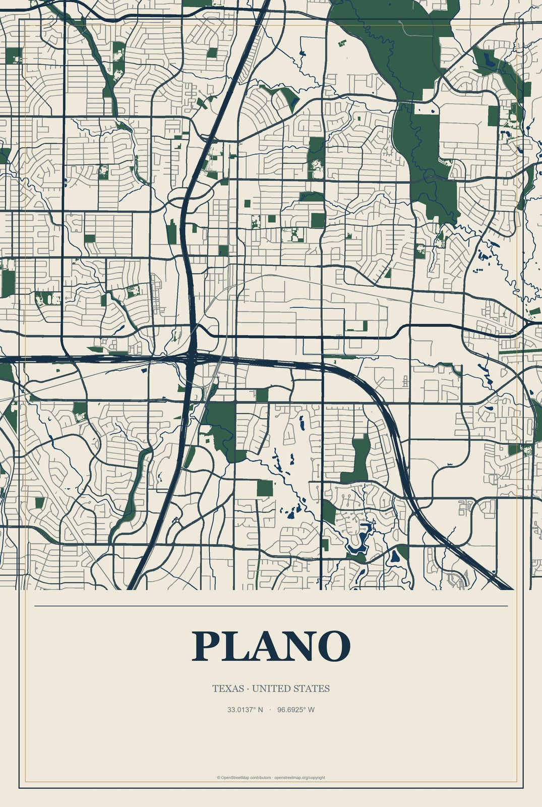 Plano, Texas City Map Aluminum Sign in Coastal Cutout style