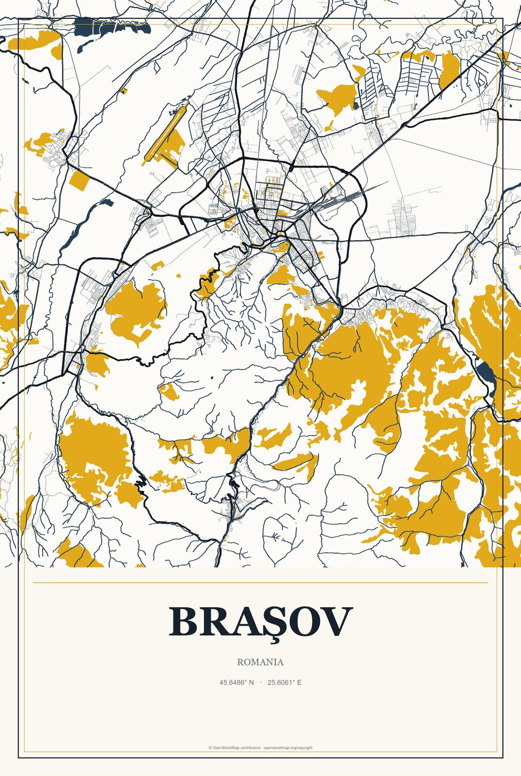 Braşov, Romania City Map Aluminum Sign in Citrine Modern style