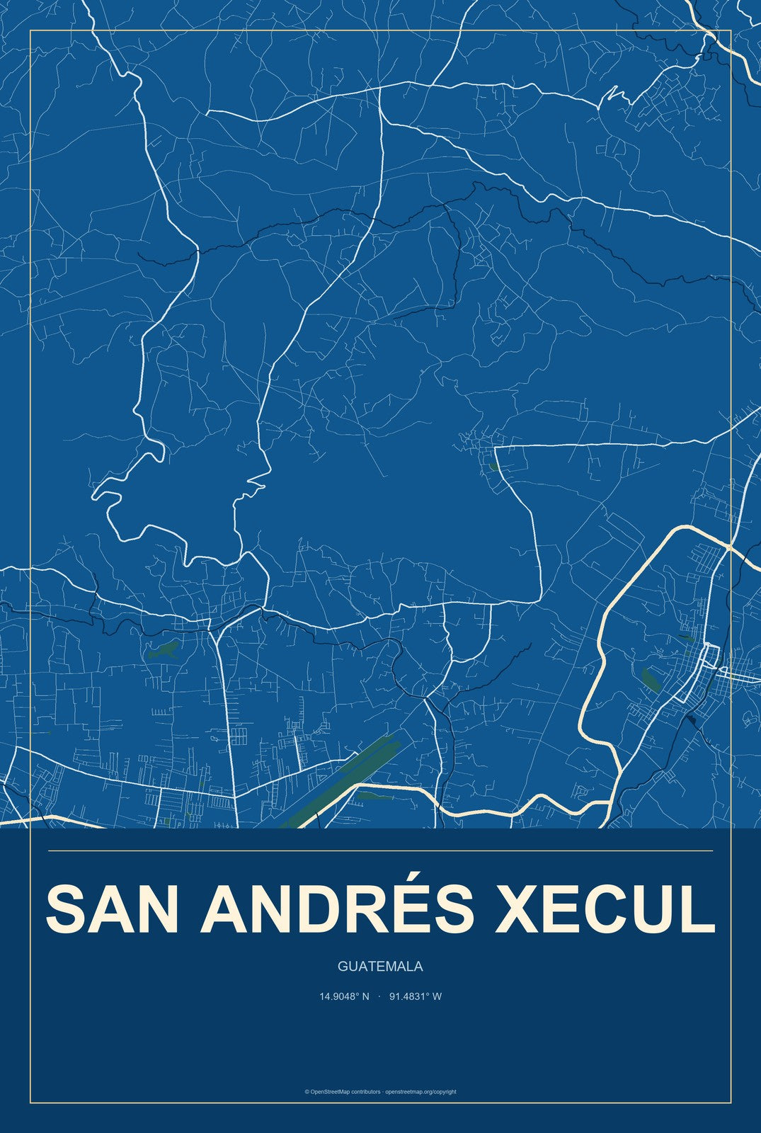 San Andrés Xecul, Guatemala City Map Aluminum Sign in Harbor Cobalt style