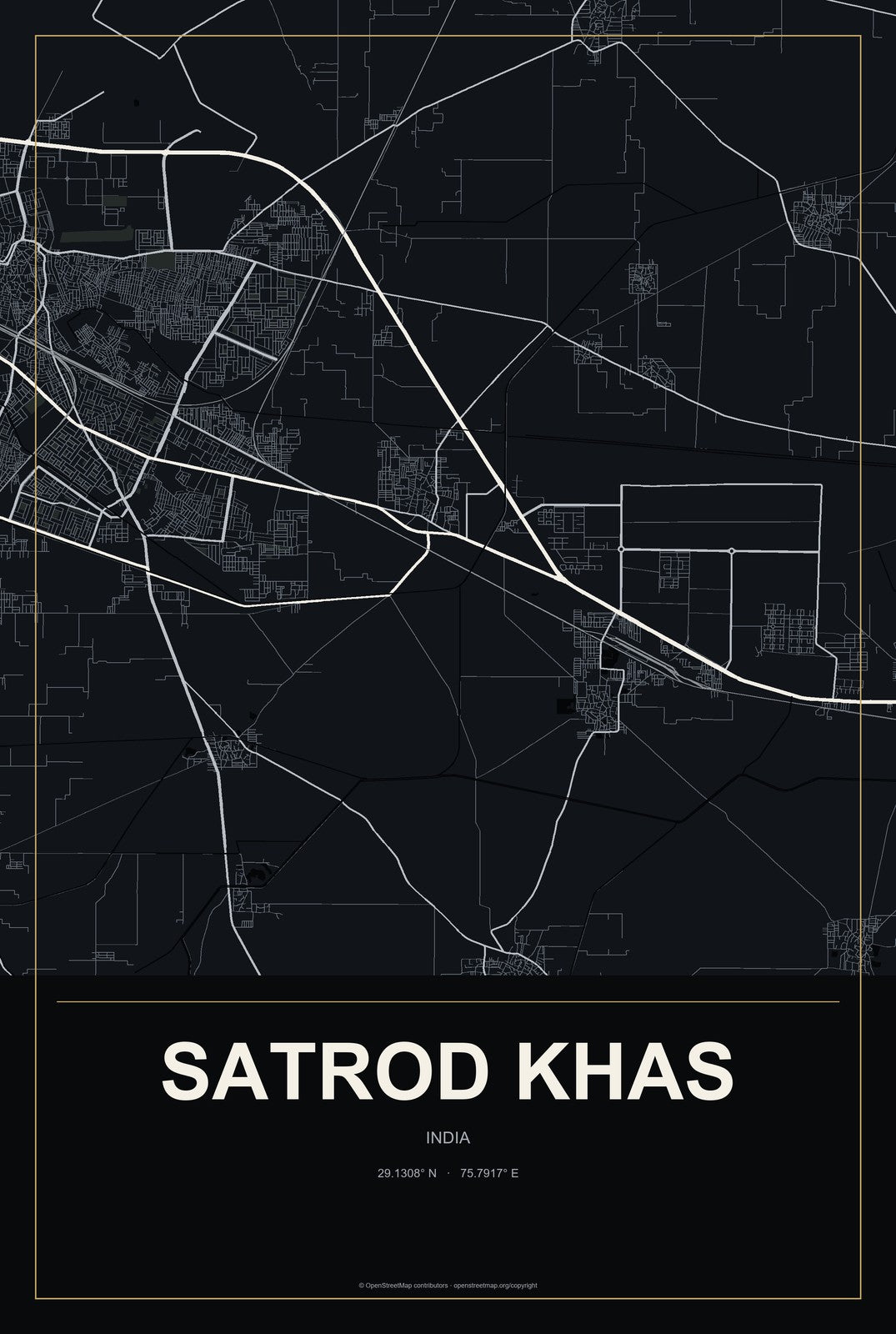 Satrod Khas, India City Map Aluminum Sign in Metropolitan Noir style