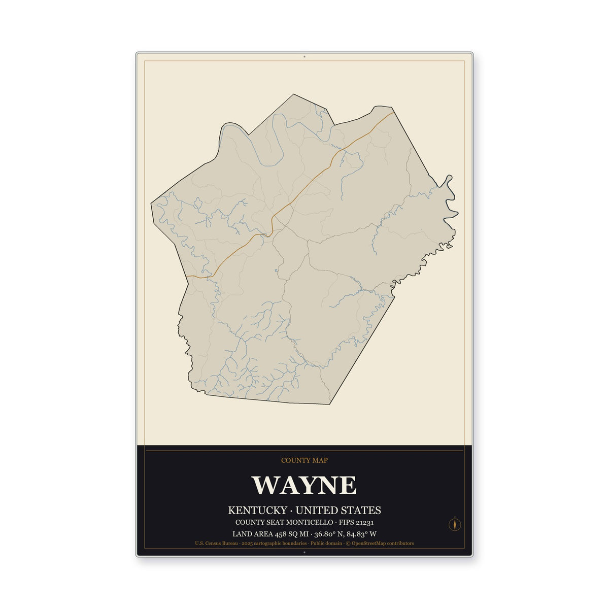 Wayne County, Kentucky Map Aluminum Sign in Museum Plaque style