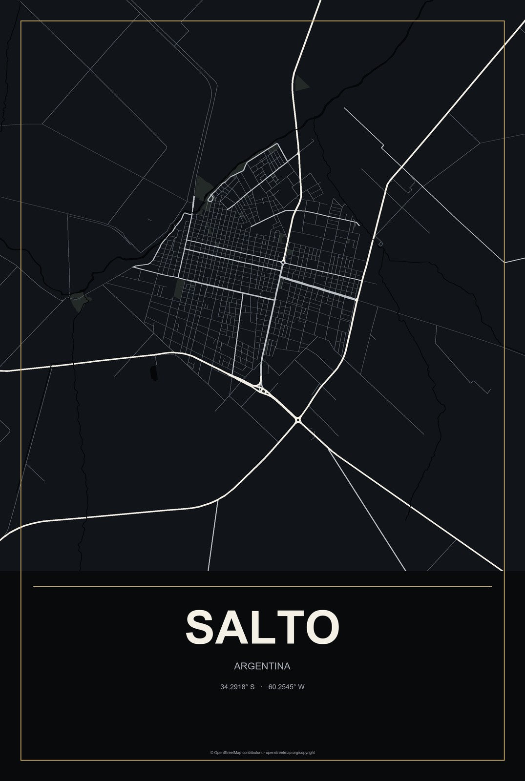 Salto, Argentina City Map Aluminum Sign in Metropolitan Noir style