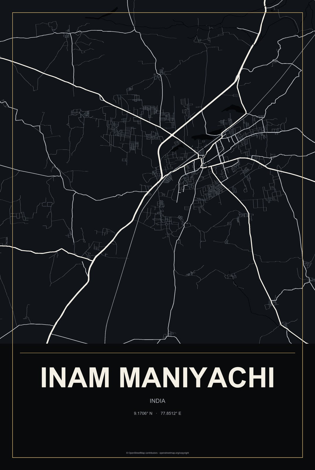 Inam Maniyachi, India City Map Aluminum Sign in Metropolitan Noir style
