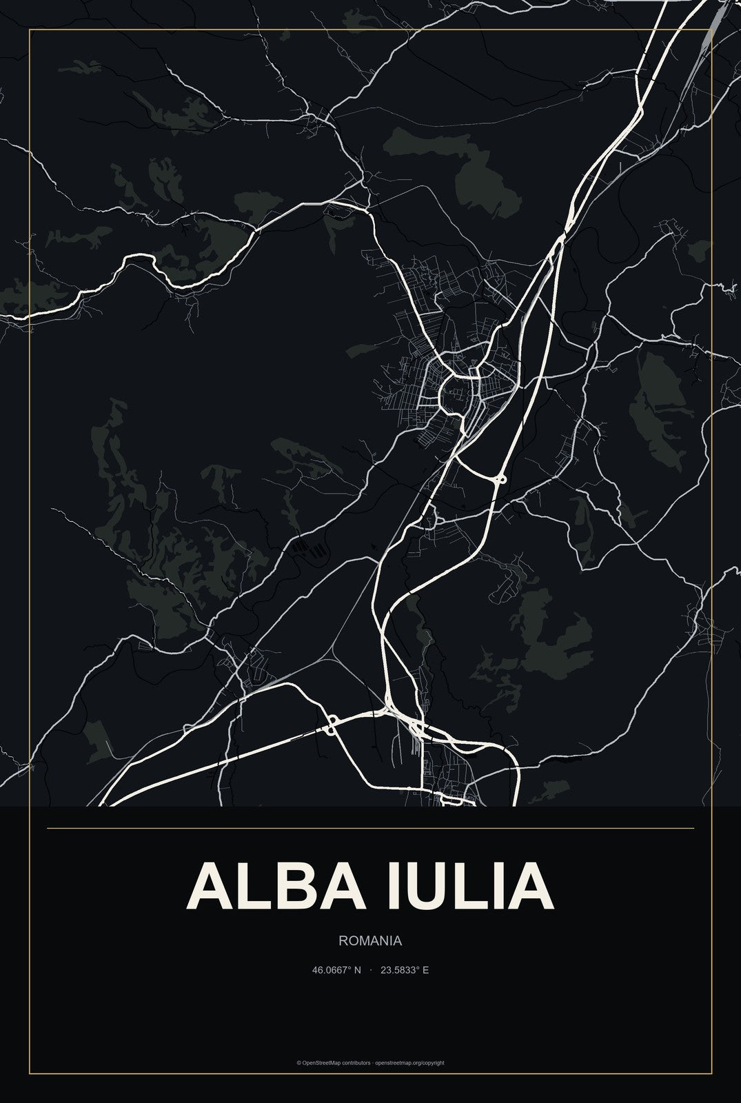 Alba Iulia, Romania City Map Aluminum Sign in Metropolitan Noir style