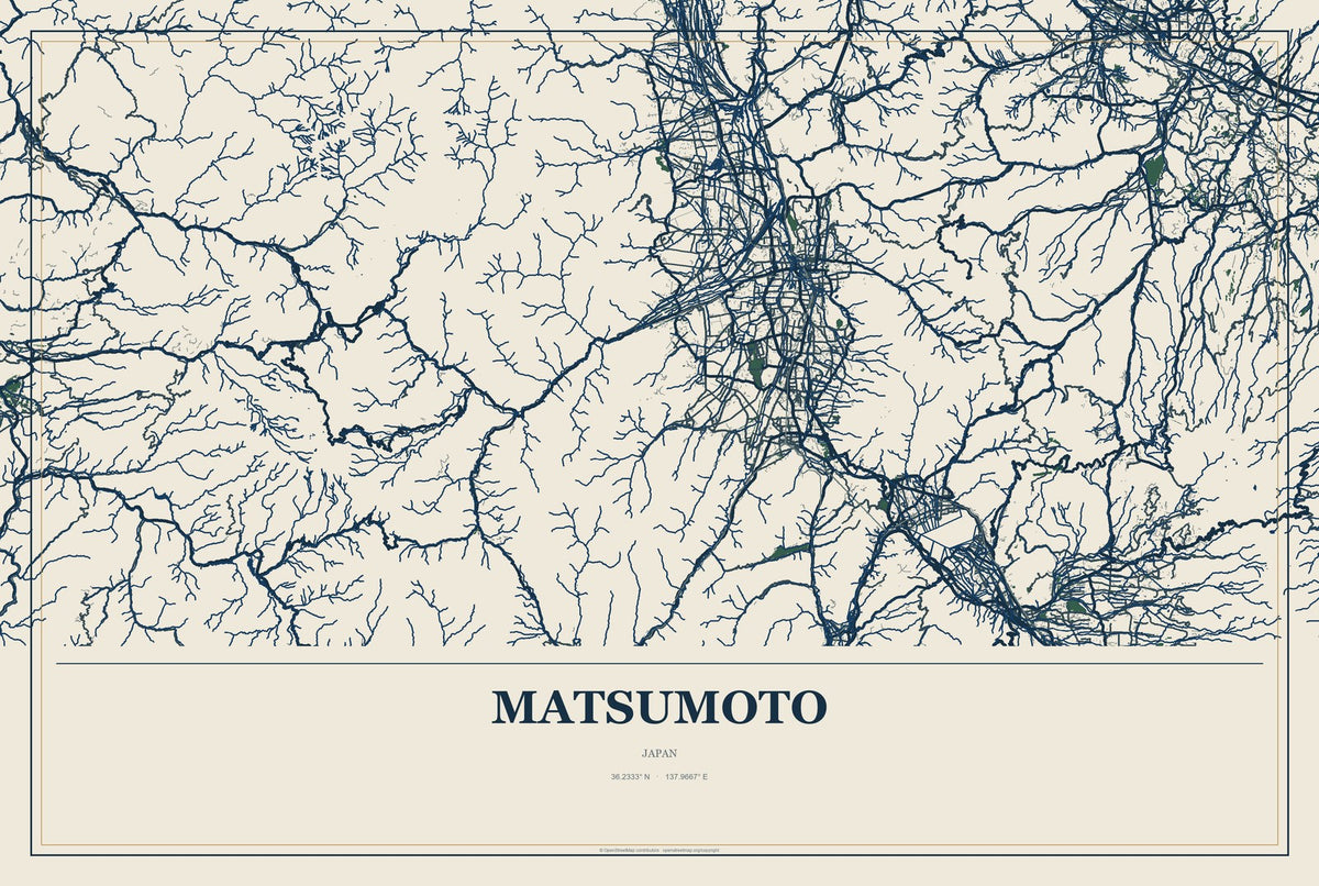 Matsumoto, Japan City Map Aluminum Sign in Coastal Cutout style