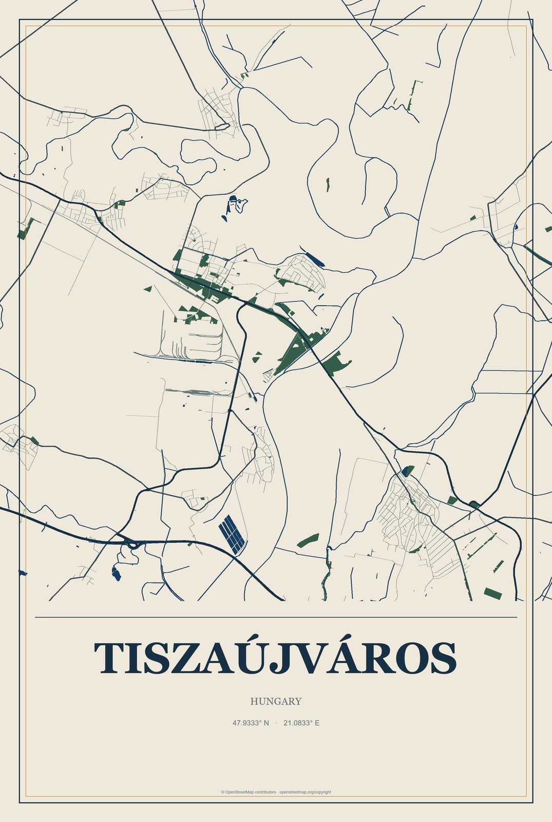 Tiszaújváros, Hungary City Map Aluminum Sign in Coastal Cutout style