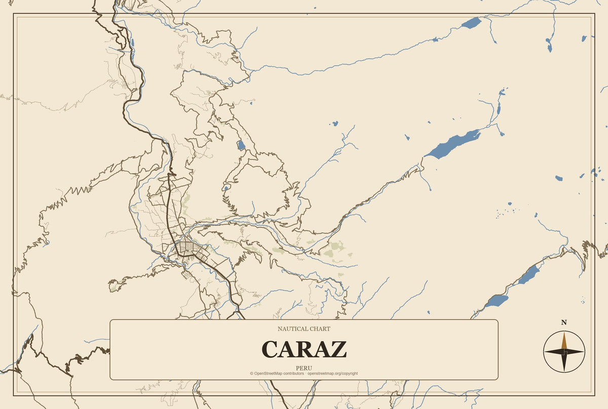 Caraz, Peru City Map Aluminum Sign in Heritage Nautical style