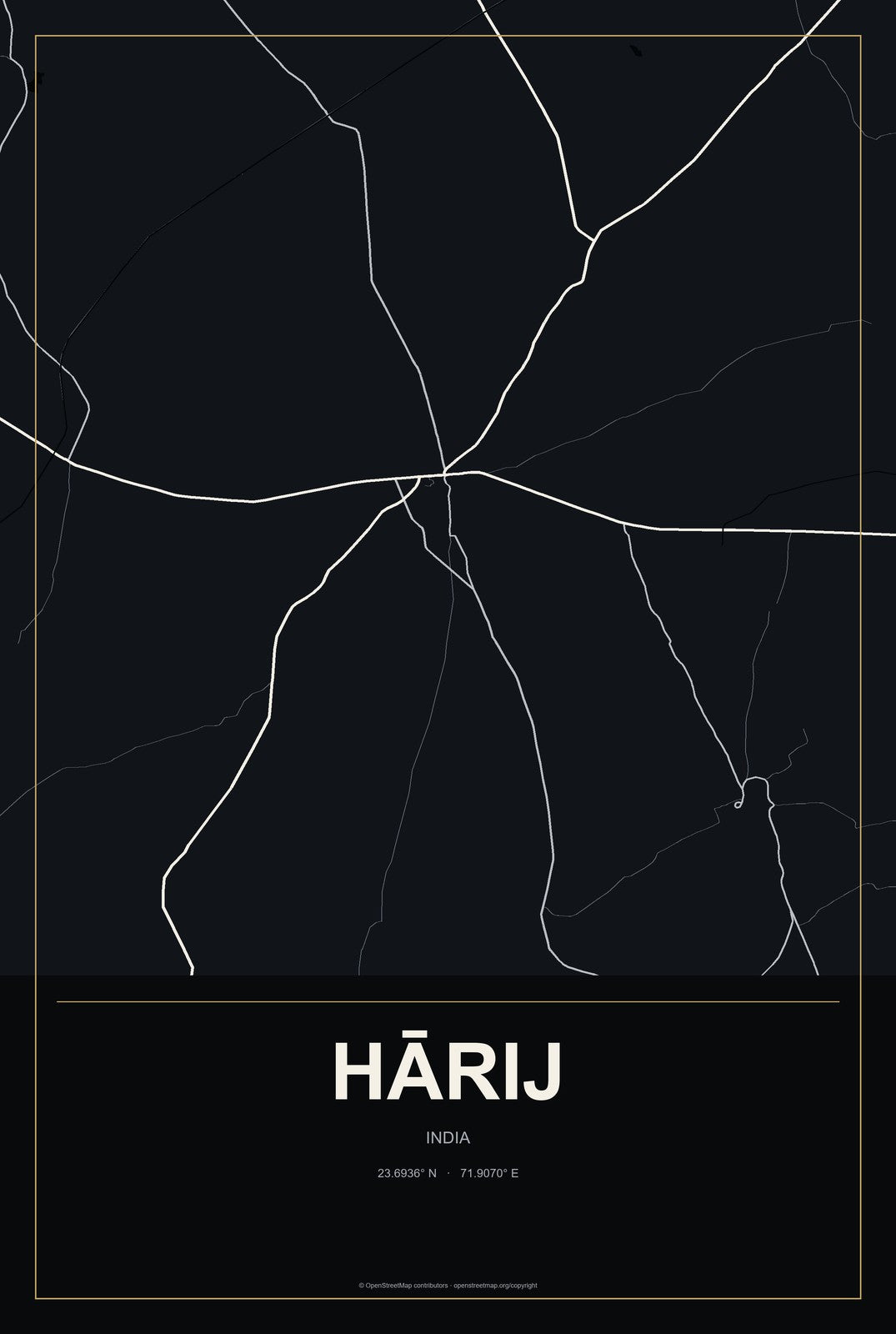 Hārij, India City Map Aluminum Sign in Metropolitan Noir style