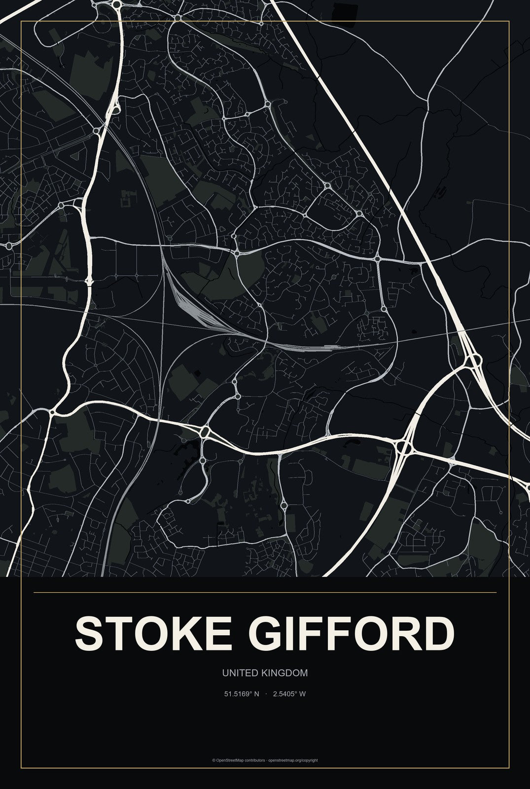 Stoke Gifford, United Kingdom City Map Aluminum Sign in Metropolitan Noir style