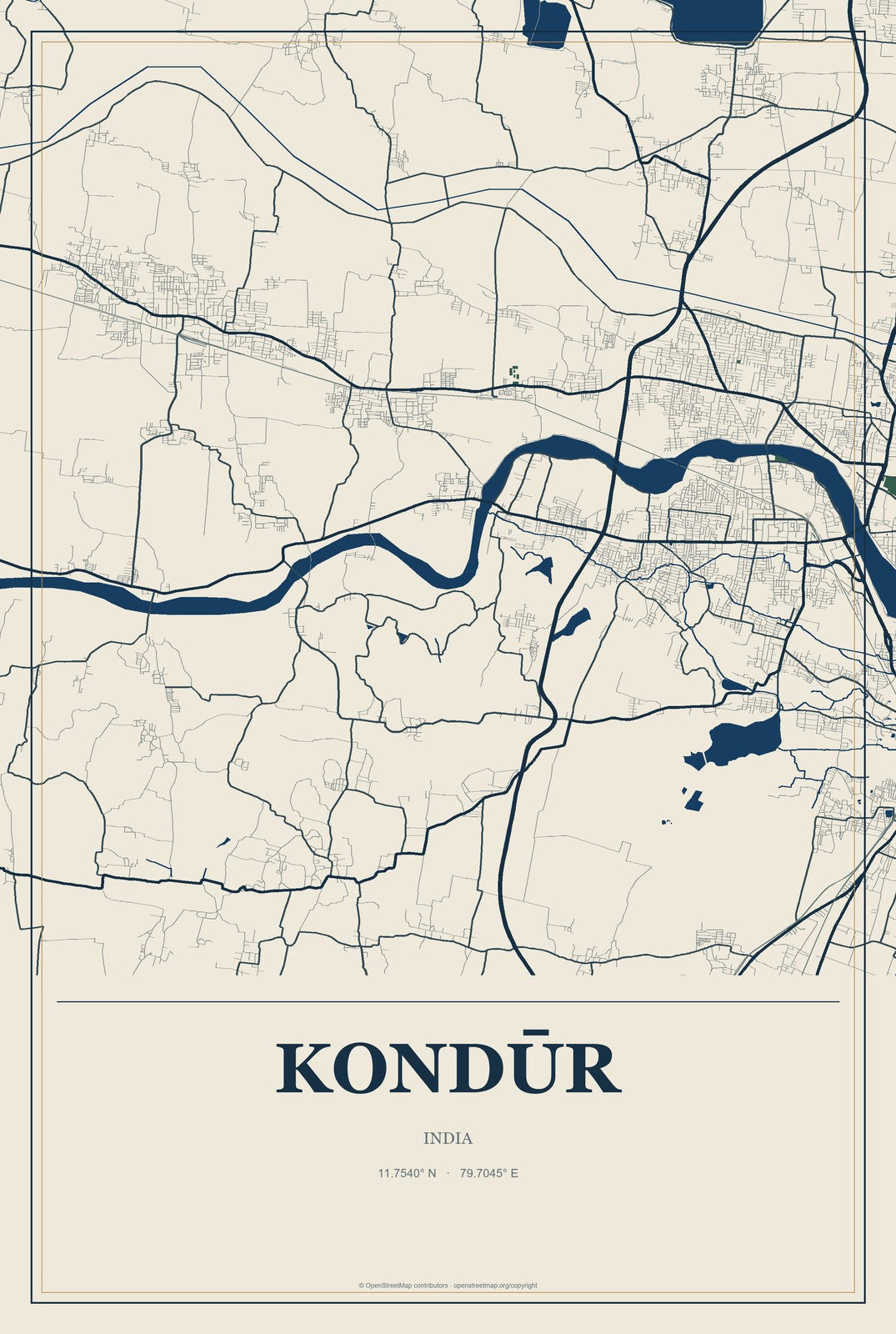 Kondūr, India City Map Aluminum Sign in Coastal Cutout style