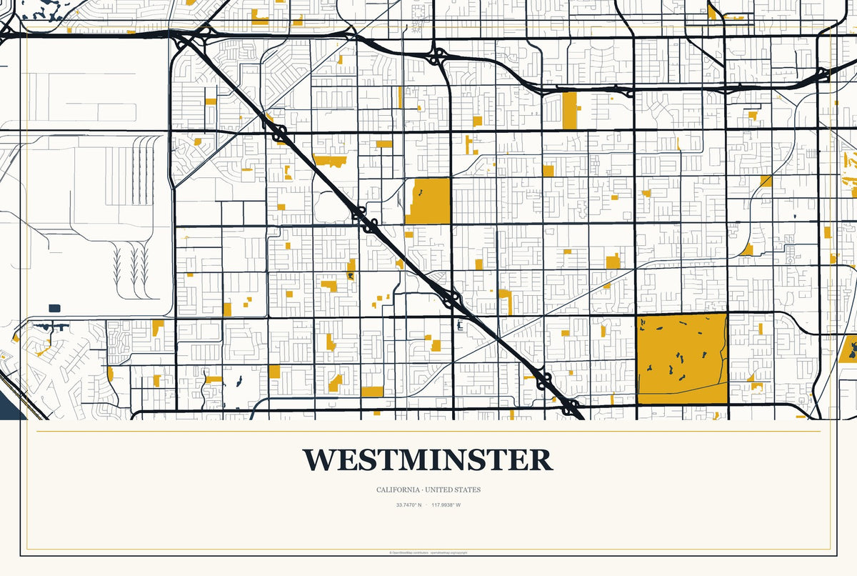 Westminster, California City Map Aluminum Sign in Citrine Modern style