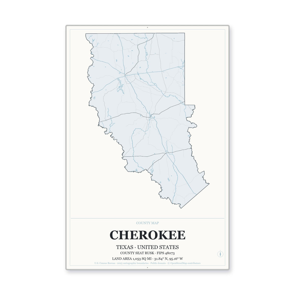 Cherokee County, Texas Map Aluminum Sign in Gallery Air style