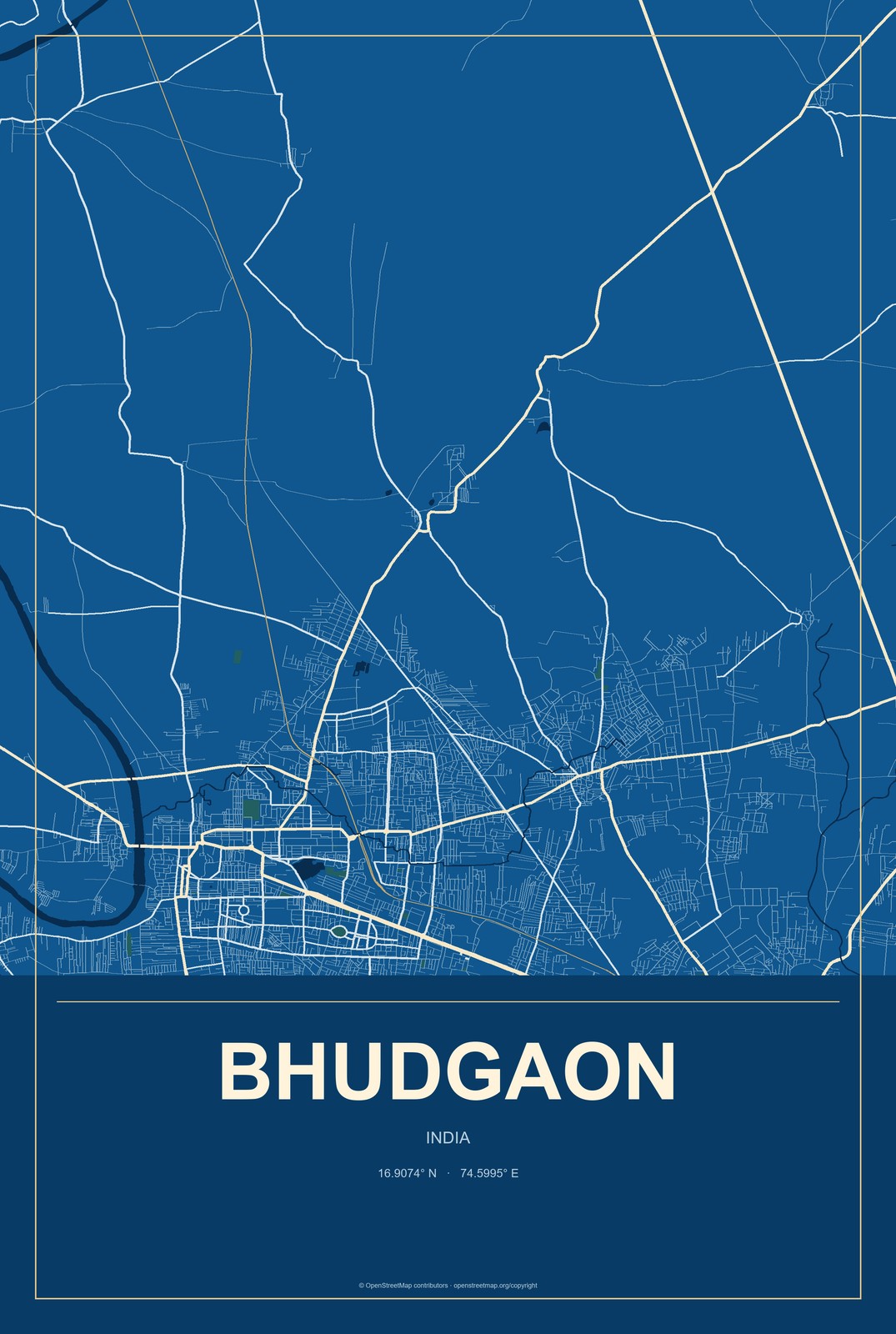 Bhudgaon, India City Map Aluminum Sign in Harbor Cobalt style