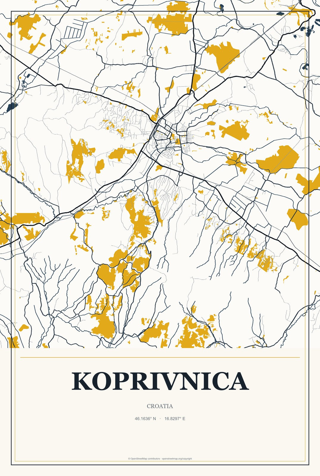 Koprivnica, Croatia City Map Aluminum Sign in Citrine Modern style