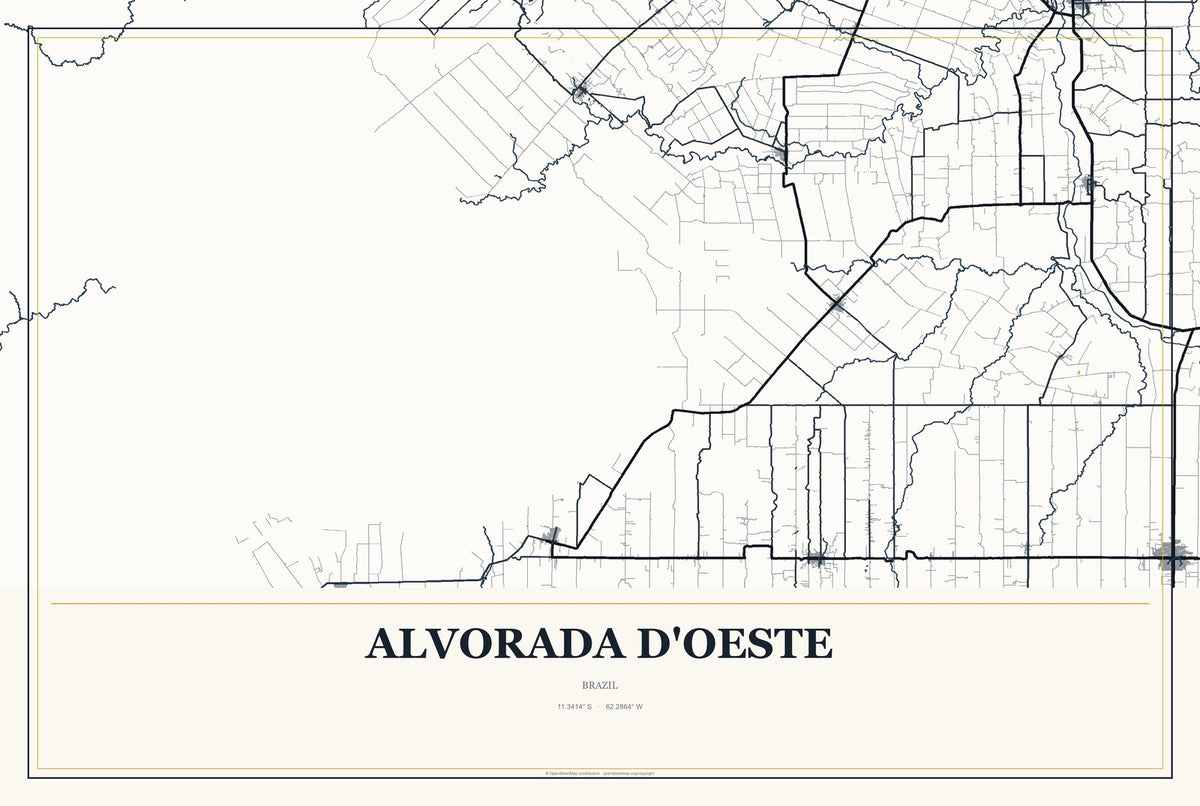 Alvorada d'Oeste, Brazil City Map Aluminum Sign in Citrine Modern style