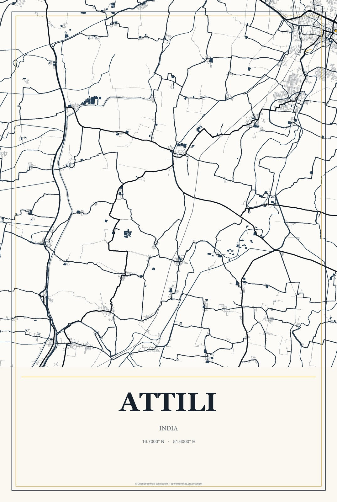 Attili, India City Map Aluminum Sign in Citrine Modern style