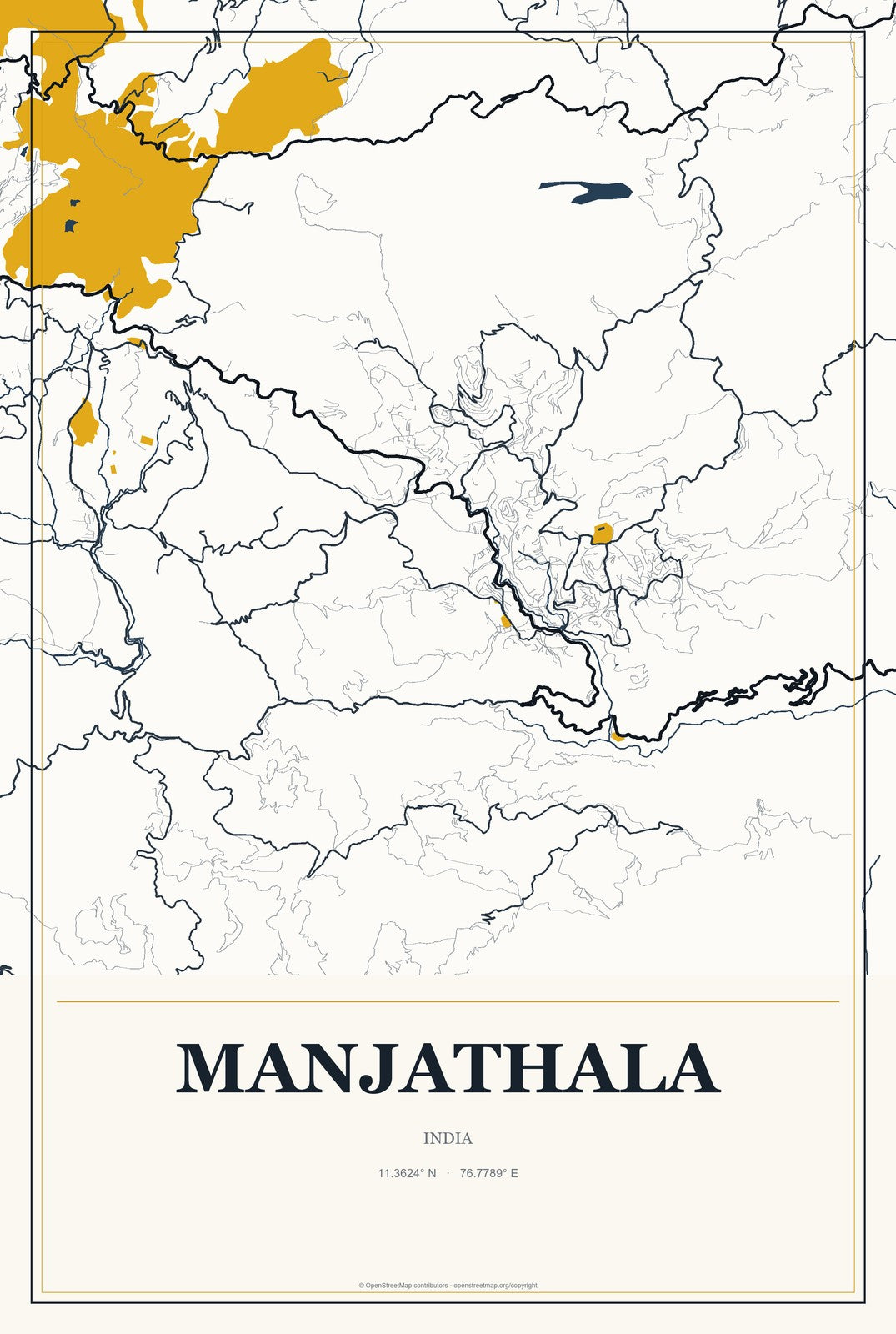 Manjathala, India City Map Aluminum Sign in Citrine Modern style