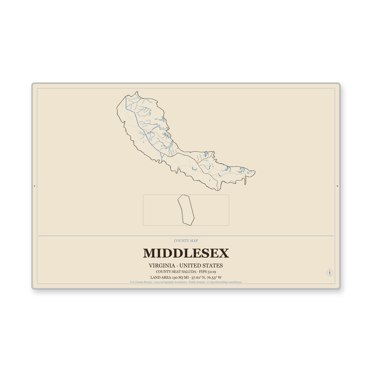 Middlesex County, Virginia Map Aluminum Sign in Heritage Nautical style