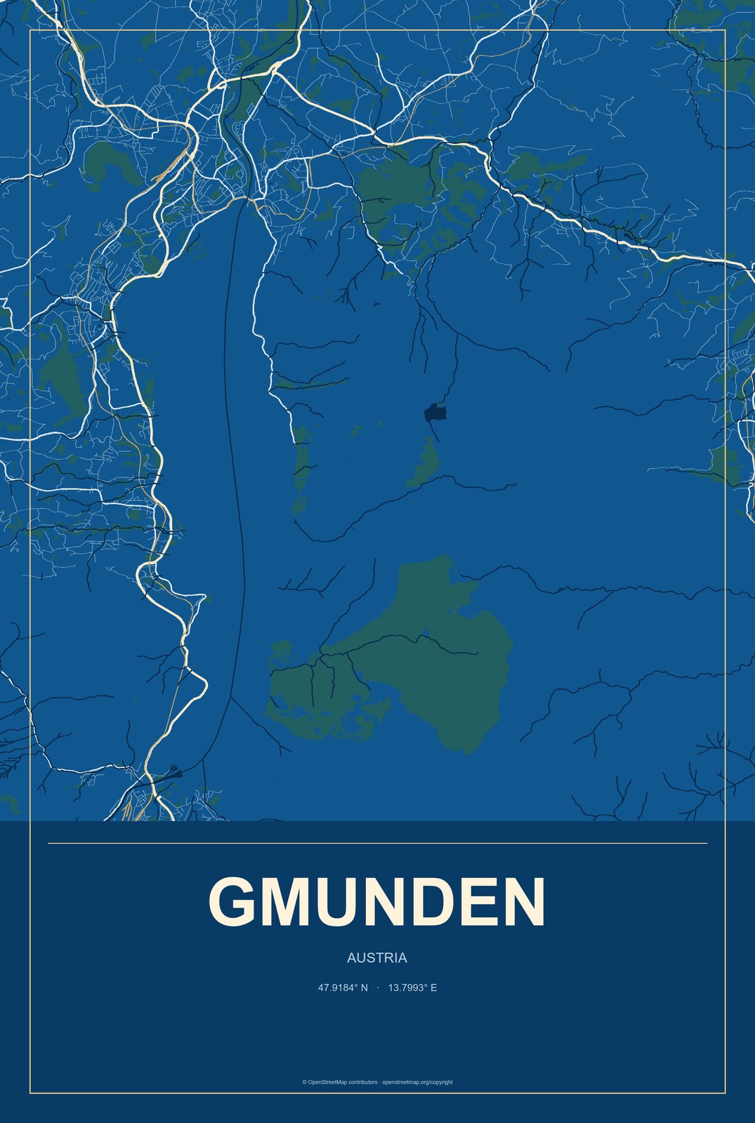 Gmunden, Austria City Map Aluminum Sign in Harbor Cobalt style
