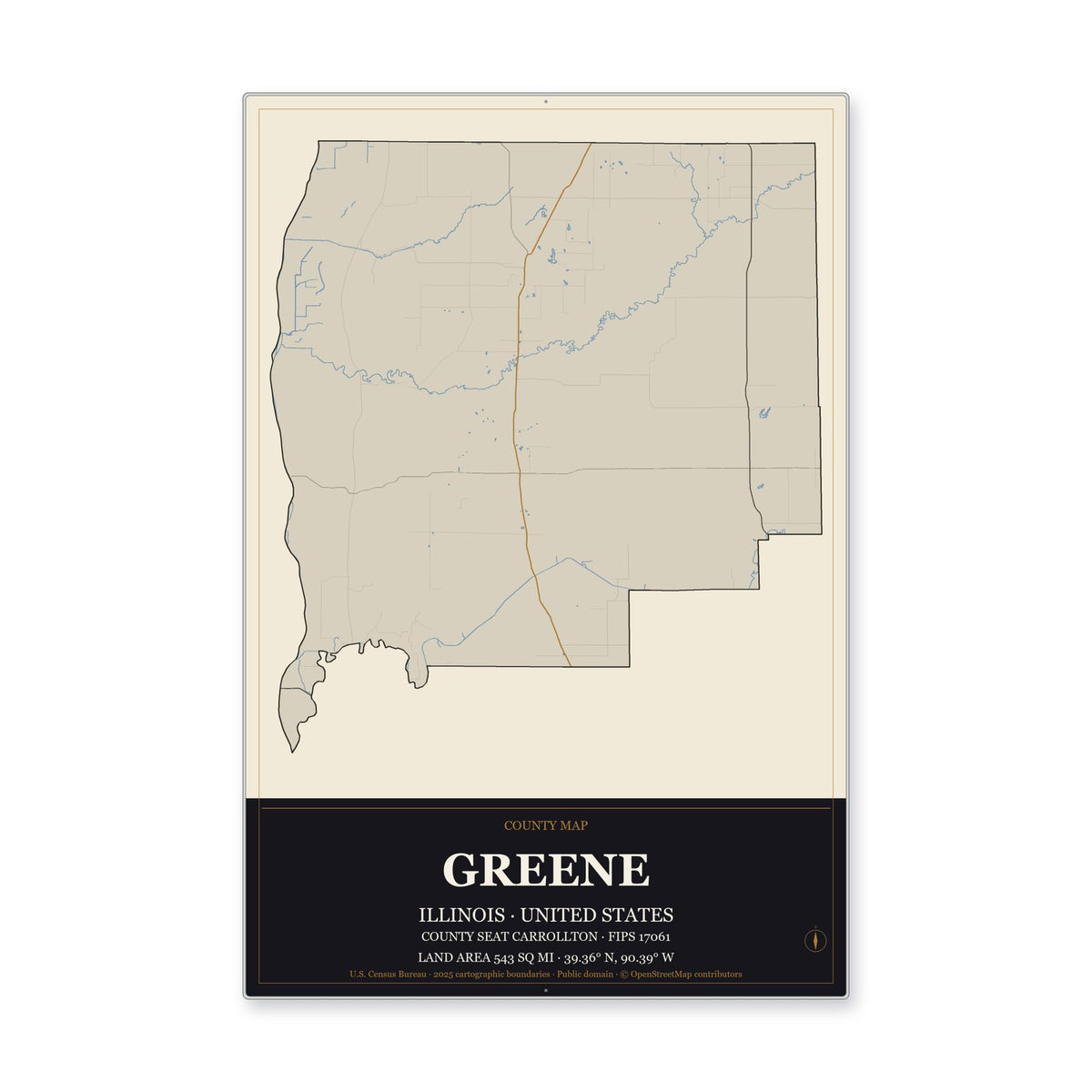 Greene County, Illinois Map Aluminum Sign in Museum Plaque style