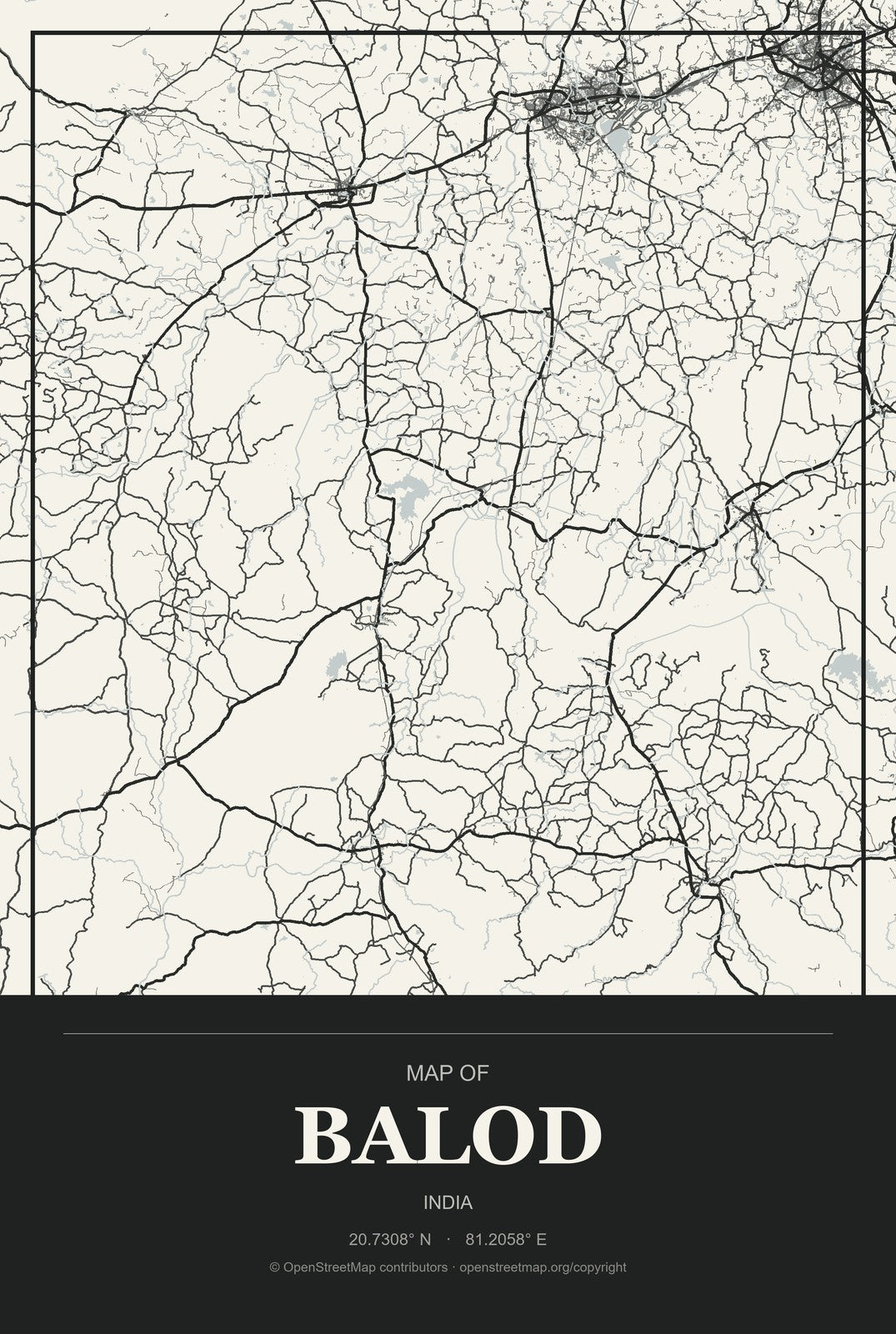 Balod, India City Map Aluminum Sign in Museum Plaque style