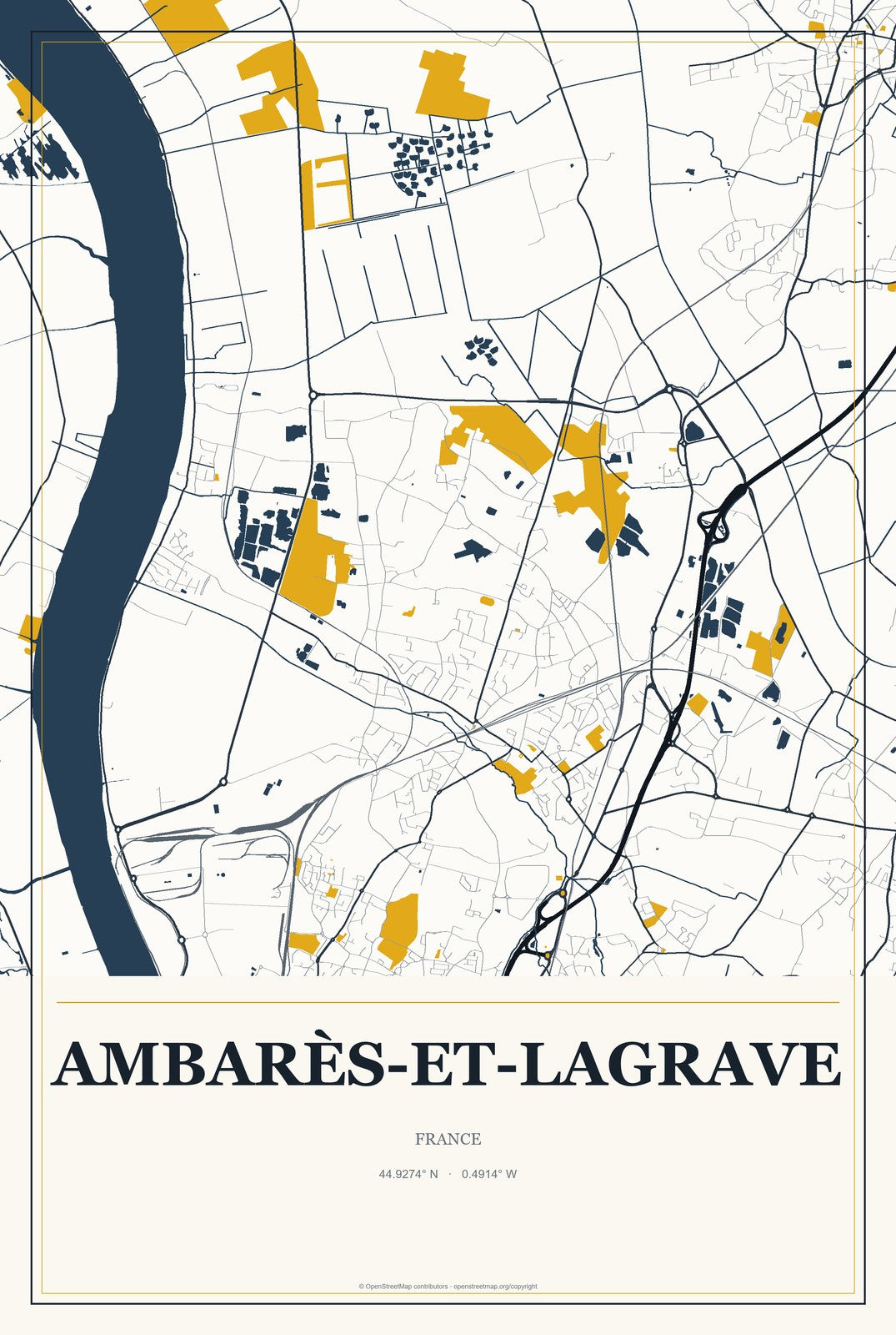 Ambarès-et-Lagrave, France City Map Aluminum Sign in Citrine Modern style