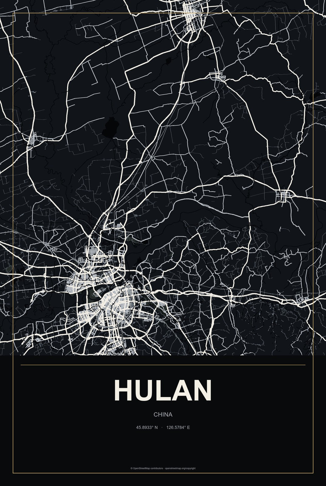 Hulan, China City Map Aluminum Sign in Metropolitan Noir style