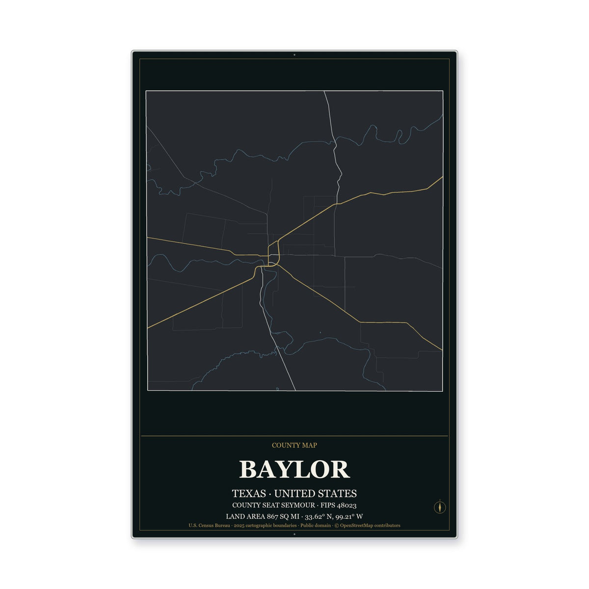 Baylor County, Texas Map Aluminum Sign in Metropolitan Noir style