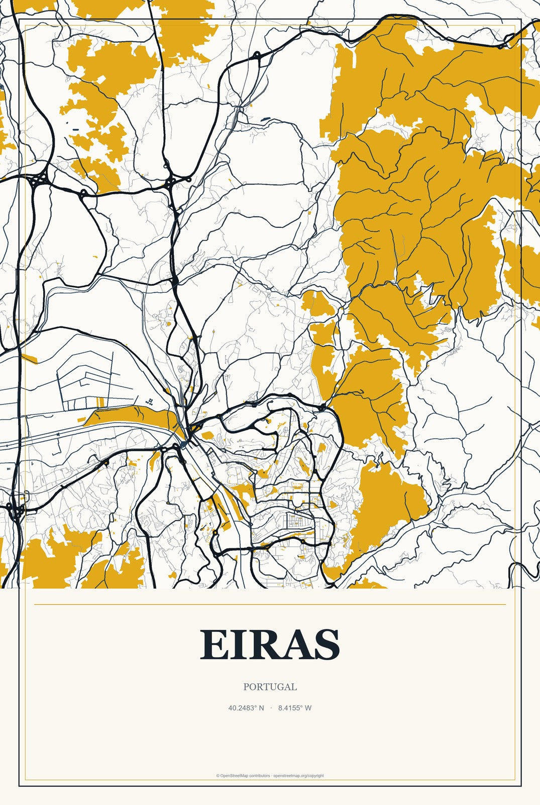 Eiras, Portugal City Map Aluminum Sign in Citrine Modern style