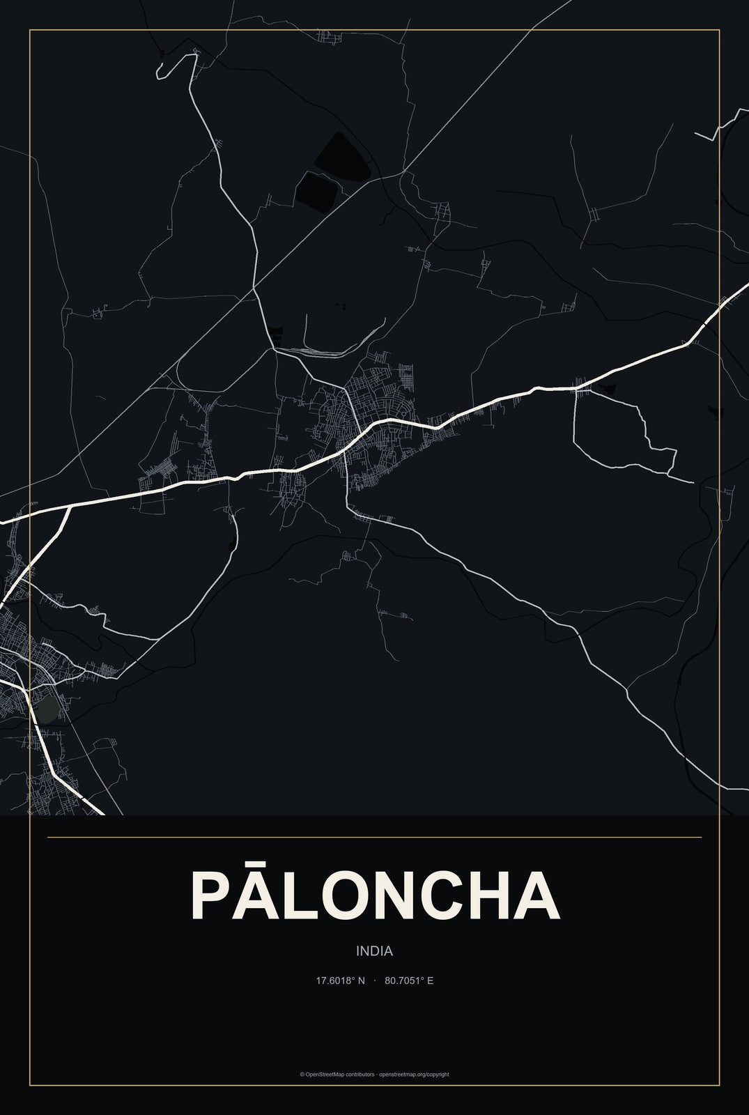 Pāloncha, India City Map Aluminum Sign in Metropolitan Noir style