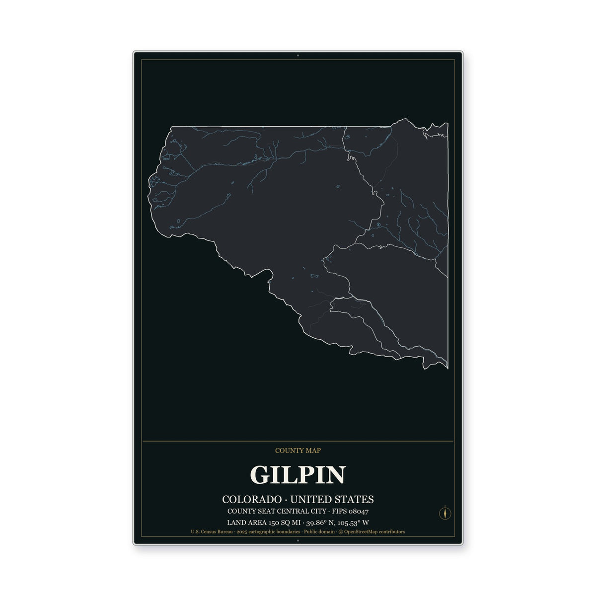 Gilpin County, Colorado Map Aluminum Sign in Metropolitan Noir style