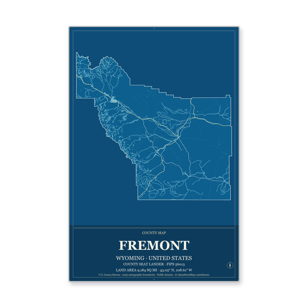 Fremont County, Wyoming Map Aluminum Sign in Harbor Cobalt style