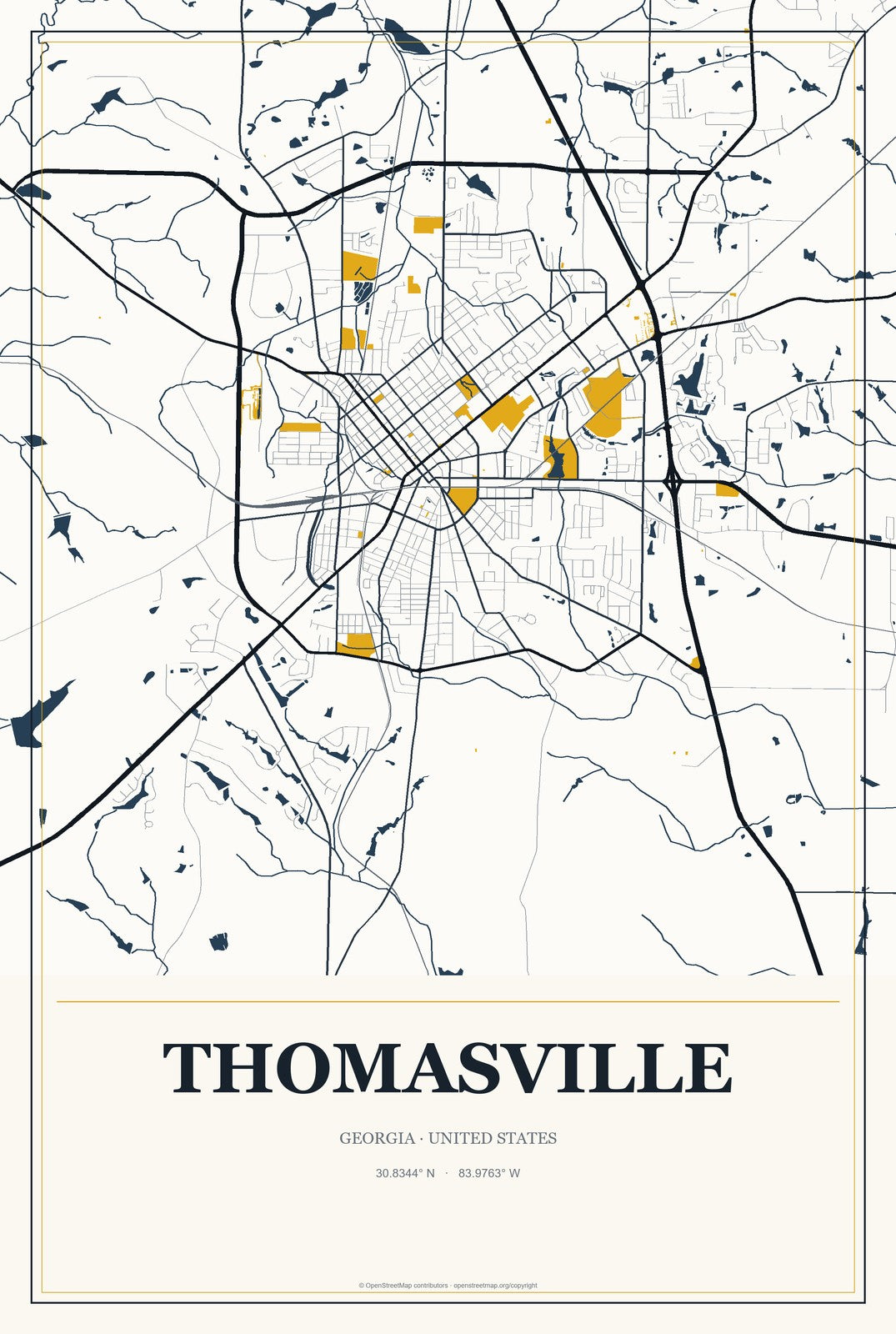 Thomasville, Georgia City Map Aluminum Sign in Citrine Modern style