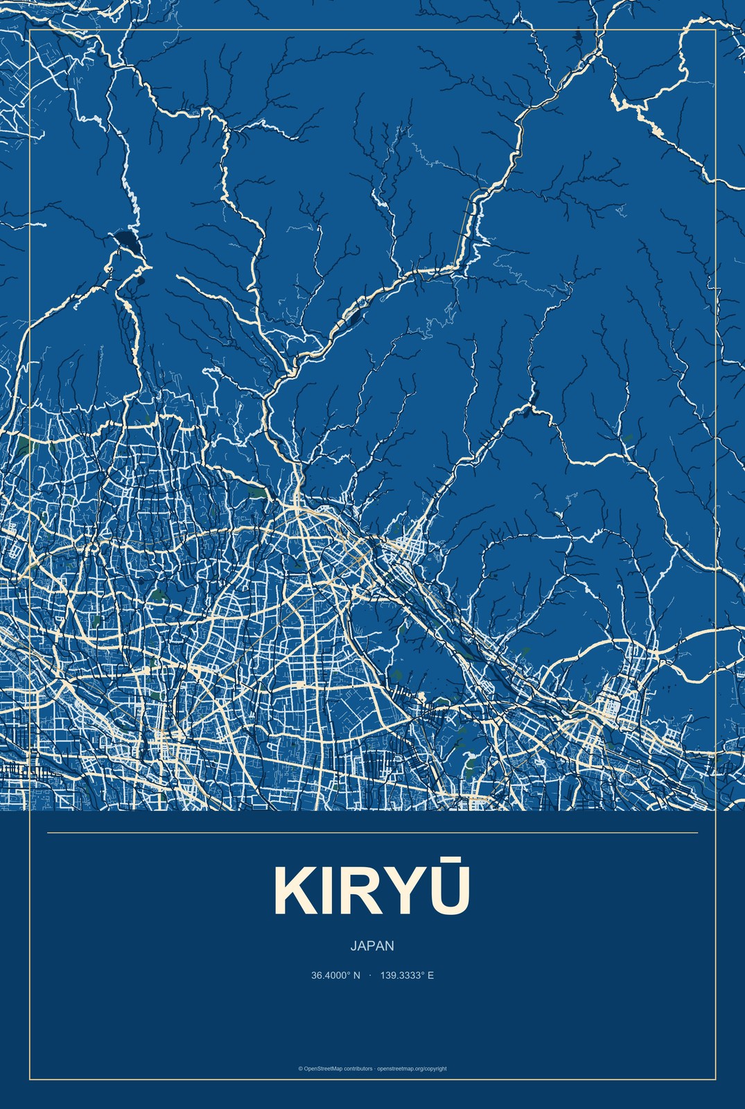 Kiryū, Japan City Map Aluminum Sign in Harbor Cobalt style